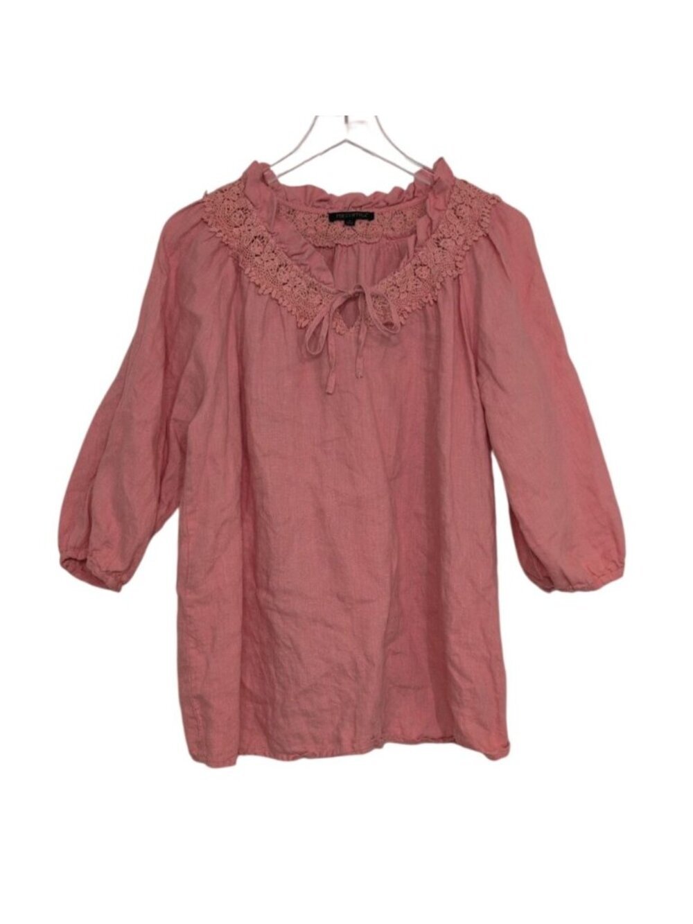 For Cynthia Linen Floral Crochet Shirt Womens Size Large Pink Boho 3/4 Raglan